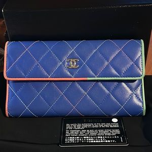 Chanel Matelasse Long Wallet Multicolor Blue Coral Green Lambskin Leather